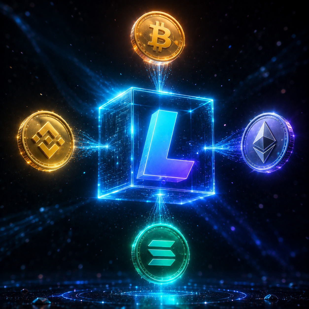 Leverage by Bancus — Cubo holográfico con ₿ ETH SOL BNB orbitando